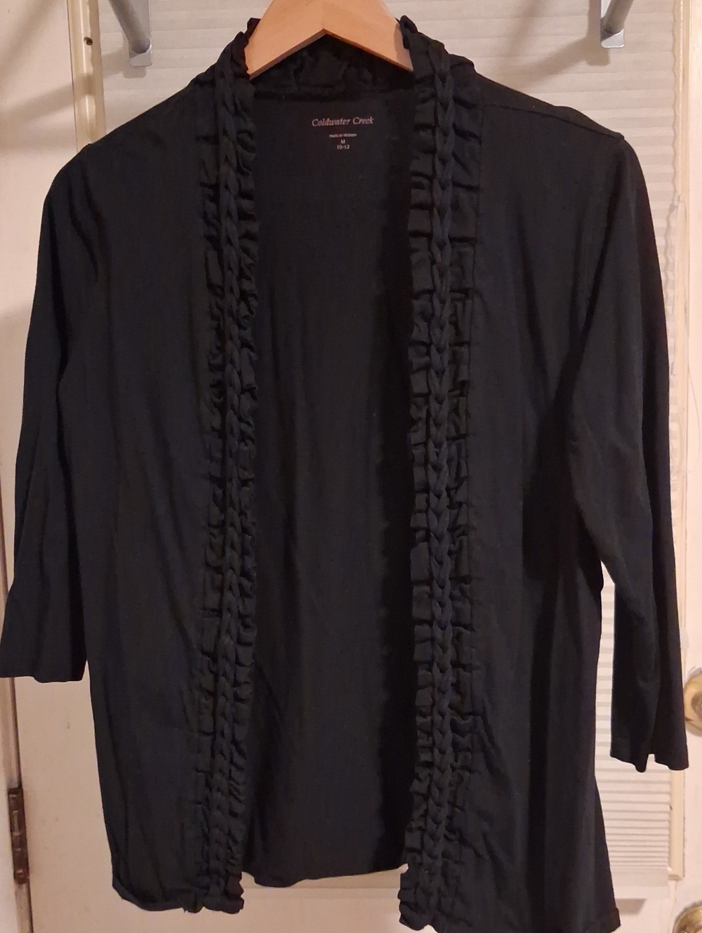Coldwater Creek Black Ruffle-Trim Open Cardigan ¾ Sleeves